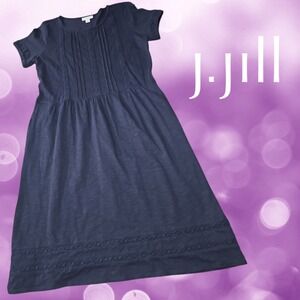 J. Jill Womens Pintuck Lace Trim Short Sleeve Knit Midi Dress Navy Blue S Tall